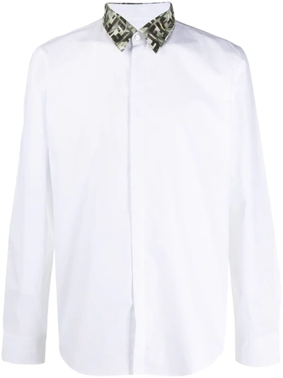 Fendi Branded-collar Slim-fit Cotton Shirt In White