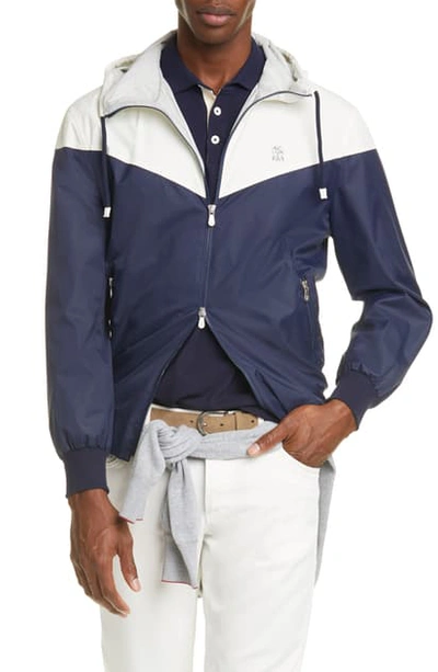 Brunello Cucinelli Men's Spa Zip-front Hooded Jacket In White/ Navy