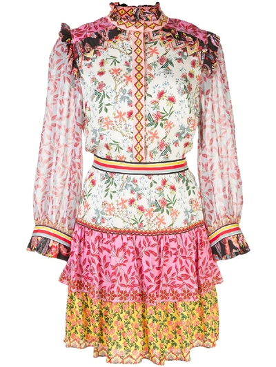 Alice And Olivia Kathy Patchwork Floral Tiered Mini Dress In Meadow Magic Multi