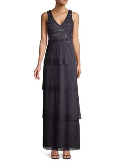Adrianna Papell Tiered Beaded Gown In Gunmetal