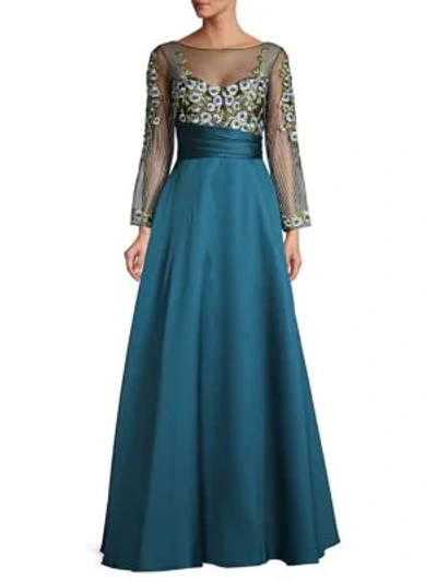 Marchesa Notte Embroidered Floral Ball Gown In Teal