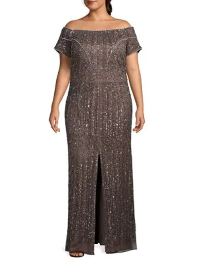 Adrianna Papell Plus Embellished Front-slit Gown In Lead