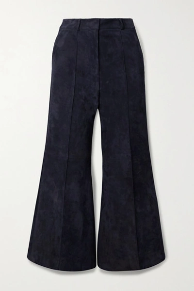 Khaite Bruce Wide-leg Cropped Suede Trousers In Navy