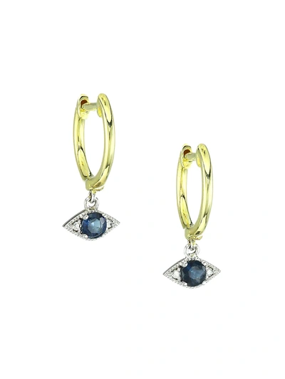 Meira T 14k Yellow Gold, Sapphire & Diamond Evil Eye Charm Huggie Hoop Earrings