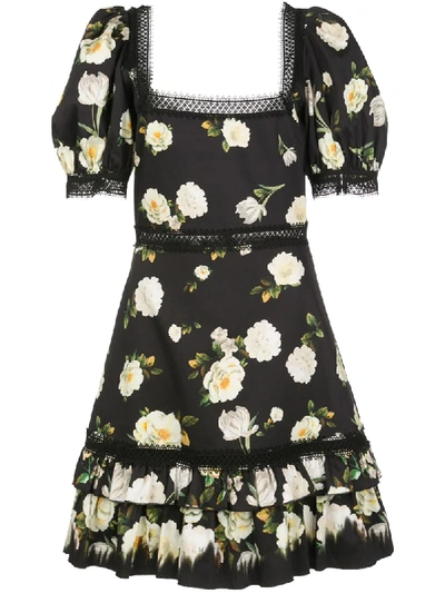 Alice And Olivia Wylie Crochet-trimmed Floral-print Cotton-blend Mini Dress In Spring Shower Black