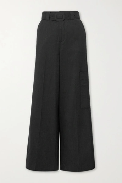 Ganni Belted Wool Wide-leg Pants In Black