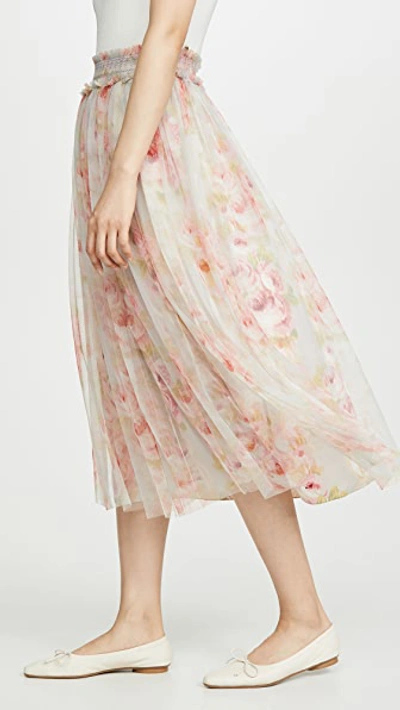 Needle & Thread Ruby Bloom Smocked Ruffled Floral-print Tulle Midi Skirt In Pink