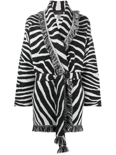Alanui Lapponia Belted Fringed Zebra-jacquard Wool Cardigan In White,black