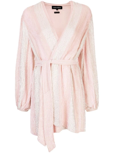 Retroféte Gabrielle Velvet-trimmed Striped Sequined Chiffon Wrap Mini Dress In Pink