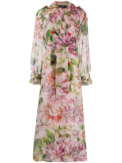 Dolce & Gabbana Floral Print Silk Organza Trench Coat In Hf1aj