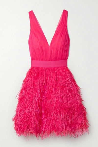 Alice And Olivia Tegan Feather-embellished Chiffon Mini Dress In Wild Pink