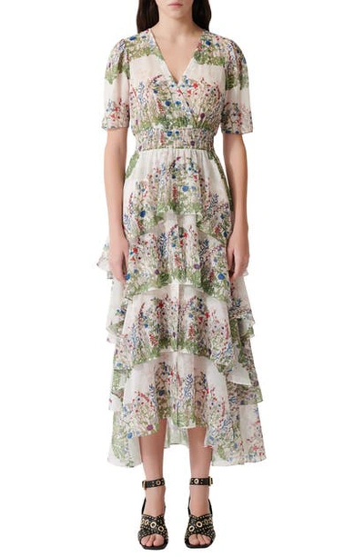 Maje Tiered Floral-print Chiffon Midi Dress In Ecru/green ModeSens