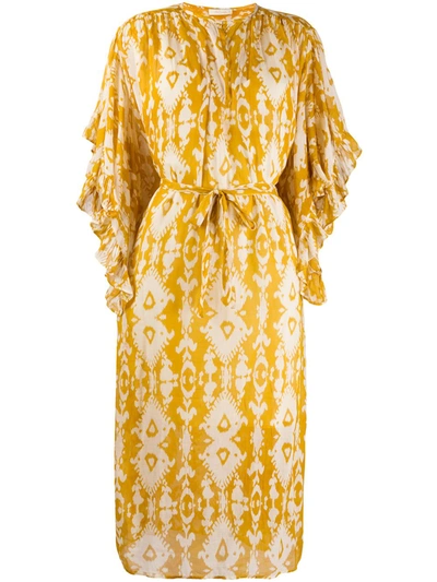 Mes Demoiselles Sybille Bell-sleeve Ikat-print Cotton-voile Dress In Yellow