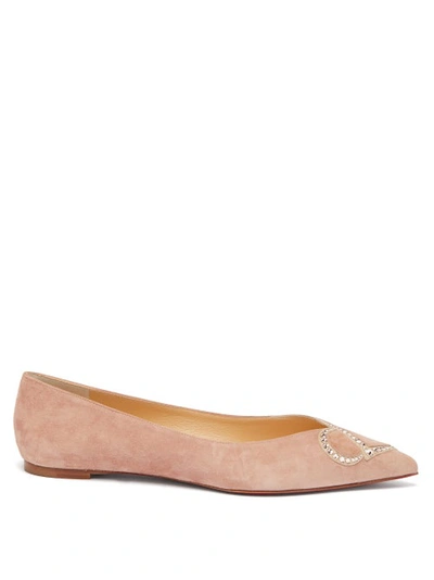 Christian Louboutin Cl-logo Crystal-embellished Point-toe Suede Flats In Sand