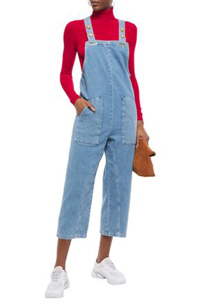 Maje Cropped Denim Overalls In Mid Denim