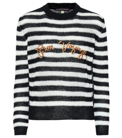 Alexa Chung Embroidered Striped Open-knit Linen Sweater In Blue