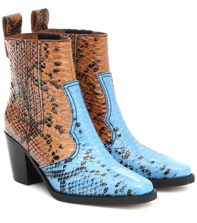 Ganni Two-tone Snake-effect Leather Ankle Boots In Blue