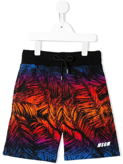 Msgm Kids' Foliage-print Logo Track Shorts In Black