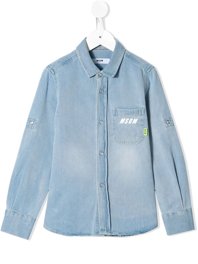 Msgm Kids' Press-stud Logo Denim Shirt In Blue