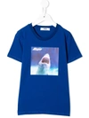 Msgm Kids' Shark-print Logo T-shirt In Blue