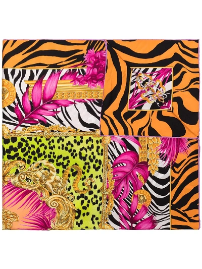 Versace Multicoloured Jungle Animalier Print Silk Scarf In 黄色