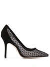 Stuart Weitzman Tasha Suede And Mesh Pointy-toe Pumps In Black Mesh With Velvet Detail