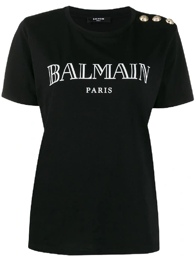 Balmain Iconic Buttoned Logo T-shirt In Black