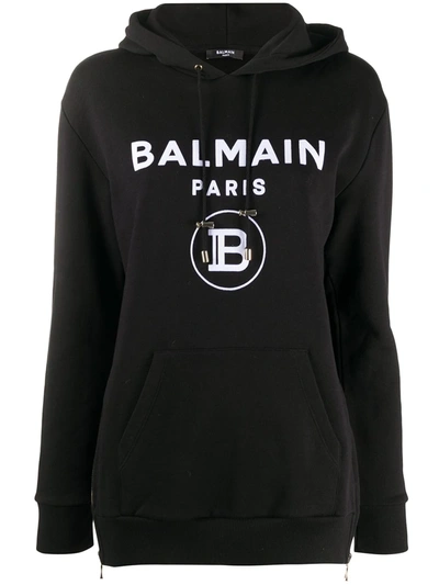 Balmain Contrasting Logo Long-sleeve Hoodie In Black