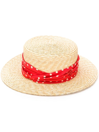 Maison Michel Red Kiki Canotier Polka Dot Straw Hat In Neutrals