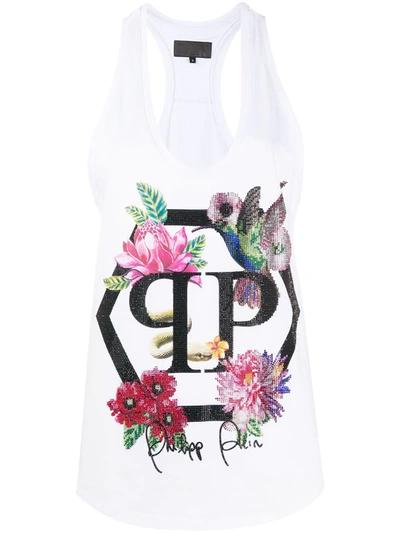 Philipp Plein Embellished Floral Tank Top In White