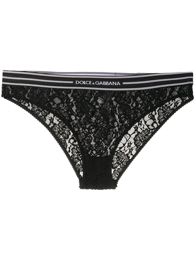 Dolce & Gabbana Lace Thong With Branded Elastic In Black