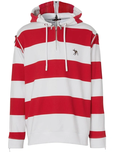 Burberry Zip Detail Striped Cotton Hoodie In Red