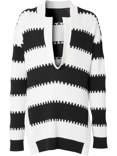 Burberry Side-slit Striped Rib Knit Wool Jumper In Black