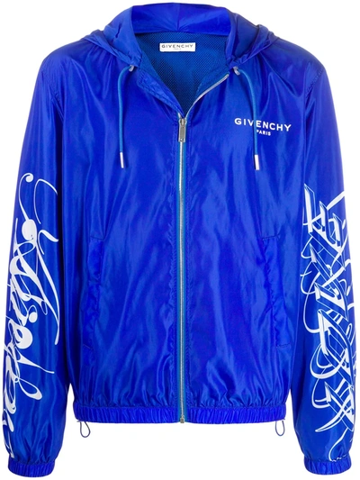 Givenchy Print Sleeve Hooded Windbreaker In Blue/white