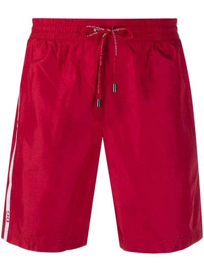 Dolce & Gabbana Mid-length Swim Trunks With Branded Side Band In Red