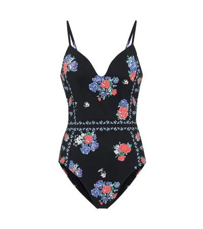 Tory Burch Floral Print Underwire One-piece Swimsuit In Black Tea Rose