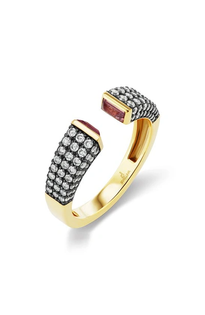 Sorellina Diamond Pavé Bezel Set Open Ring In Yellow Gold/ Pink Sapphire