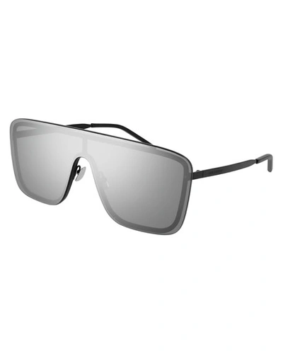 Saint Laurent Unisex Mask Mirrored Shield Metal Sunglasses In Silver/black
