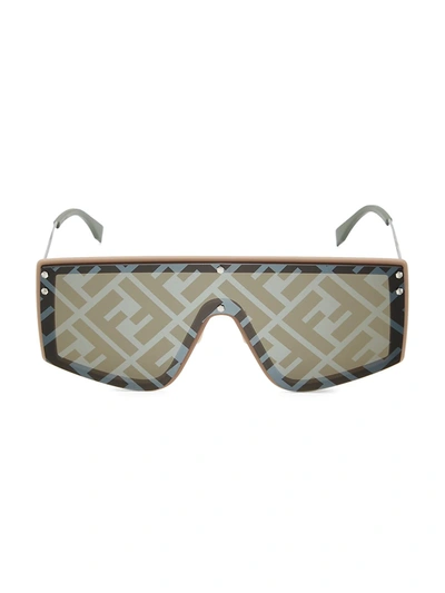 Fendi Men's Mirrored Ff-monogram Shield Sunglasses In Beige