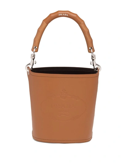 Prada City Heritage Logo Leather Bucket Bag In Brown