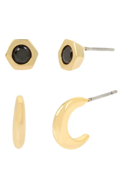 Allsaints Gold-tone Hexagon Stud & Sculptural Huggie Hoop Earrings Set, Set Of 2 In Black/ Gold