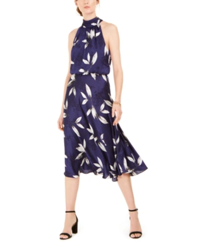 Adrianna Papell Botanical Leaf Print Midi Dress In Navy/ivory