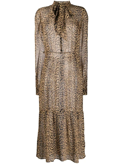 Saint Laurent Long Sleeve Leopard Print Silk Midi Dress In Gold