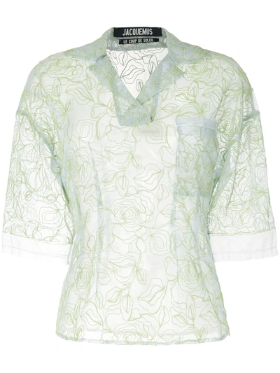Jacquemus Floral-embroidered Sheer Blouse In Blue