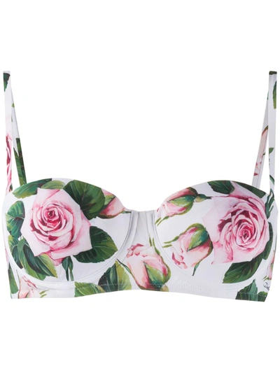 Dolce & Gabbana Tropical Rose Print Bikini Top In White