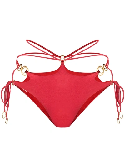 Agent Provocateur Davine Ring-embellished Strappy Bikini Bottoms In Red