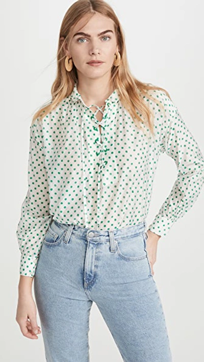 Alix Of Bohemia Petit Pois Lace Up Blouse In White/green