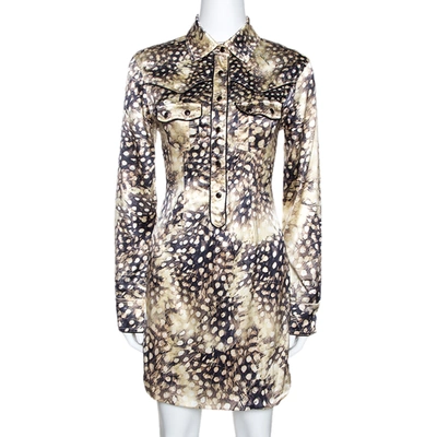 Pre-owned Roberto Cavalli Bicolor Animal Print Silk Shirt Dress S In Beige