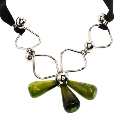 Pre-owned Marni Green Teardrop Beads Silver Tone Black Ribbon Self-tie Necklace