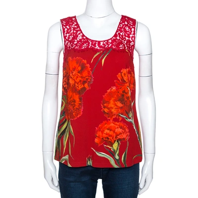 Pre-owned Dolce & Gabbana Red Floral Printed Crepe & Lace Trim Sleeveless Top S